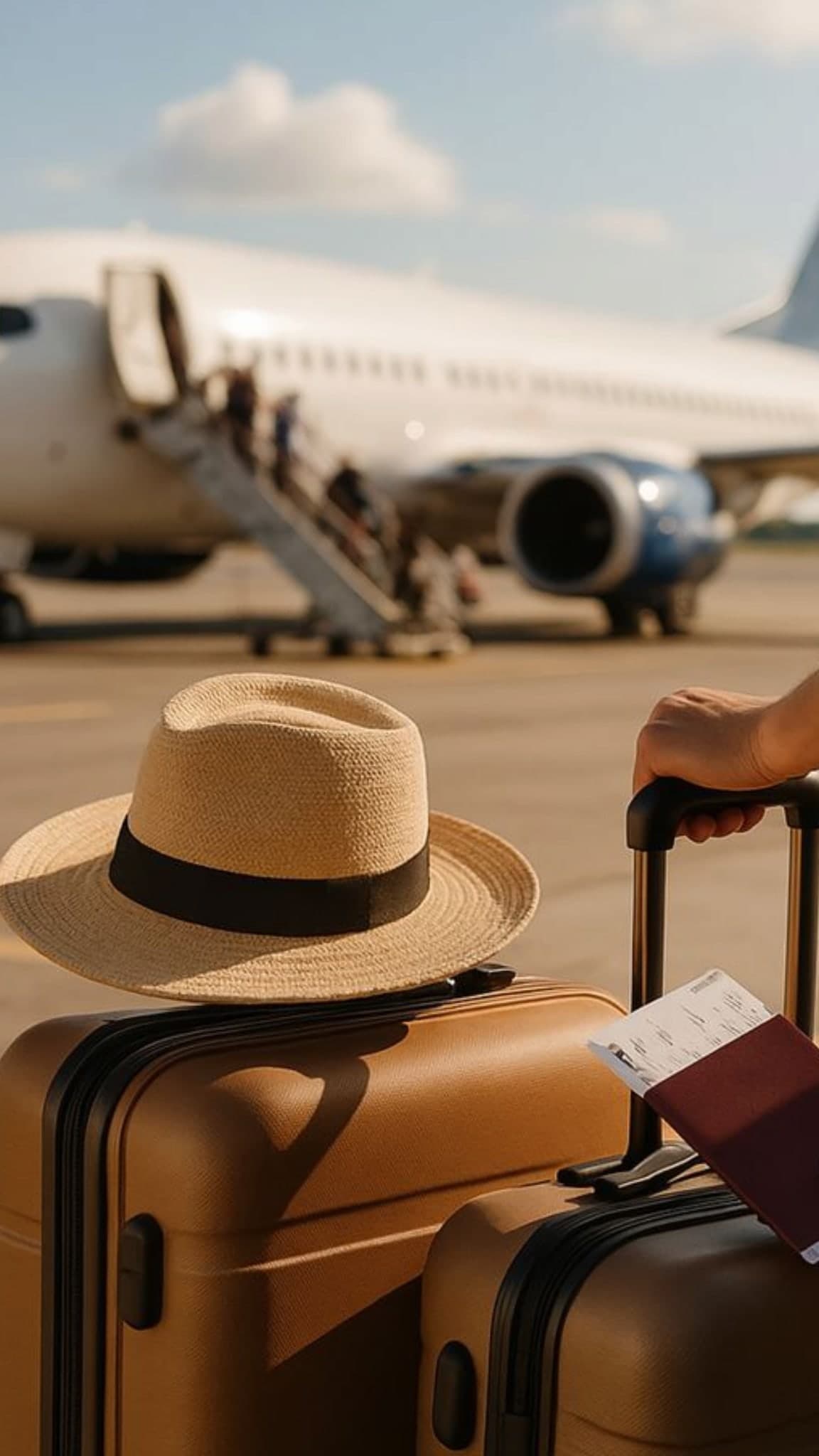 Viajero con maleta y pasaporte en mano, listo para abordar